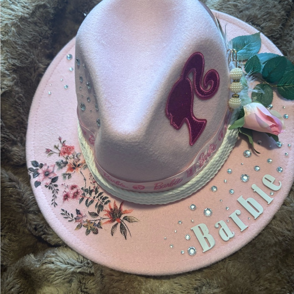 Pink Barbie Themed Hat with Floral and Jewel Accents